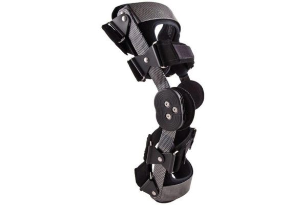 Custom knee brace with hinges showing adjustable support design for stability and protection