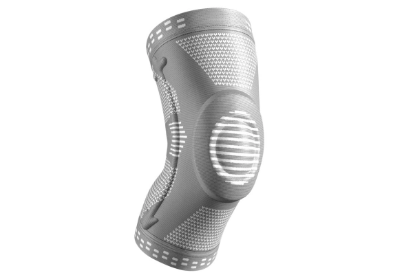 Breathable knee stabilizer brace featuring elastic compression and reinforced kneecap area