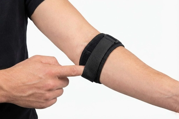 A close-up demonstrating how to check elbow strap tightness using the one-finger fit test on the forearm