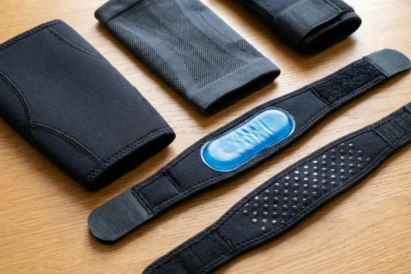 A flat lay displaying various elbow supports including neoprene sleeves, knit sleeves, and straps with pads
