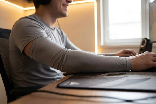 A gamer wearing a comfortable grey non-compression gaming sleeve during a relaxed session