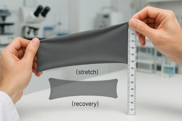 A hand stretching a spandex sleeve, illustrating its stretch and recovery properties