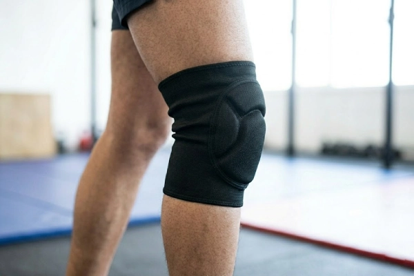A misaligned and poorly fitting knee pad on a single leg