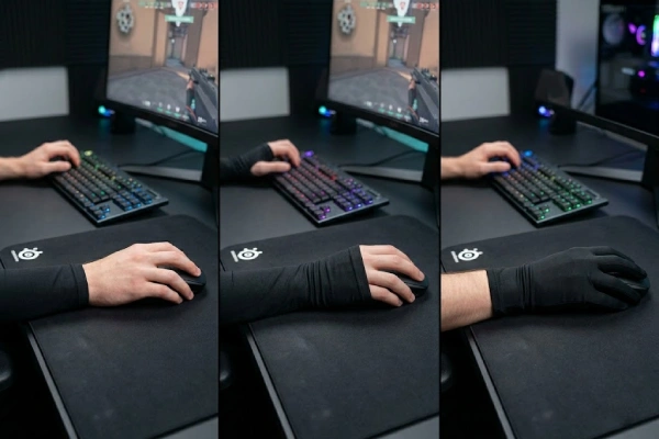A side-by-side comparison of three different black gaming gloves