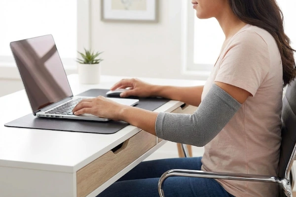 A woman wearing a grey compression elbow sleeve while working comfortably at a computer desk