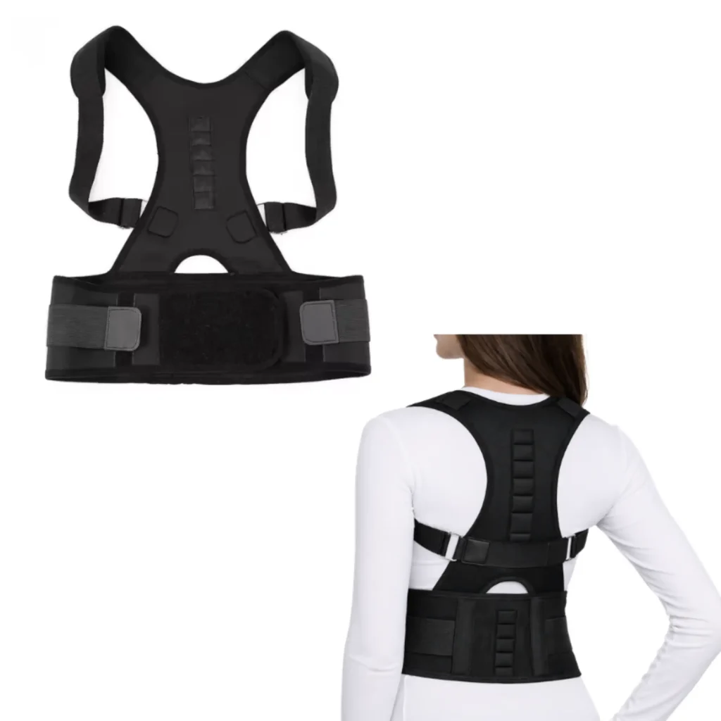 Adjustable Posture Corrector Brace, back support with waist belt and rear wearing display