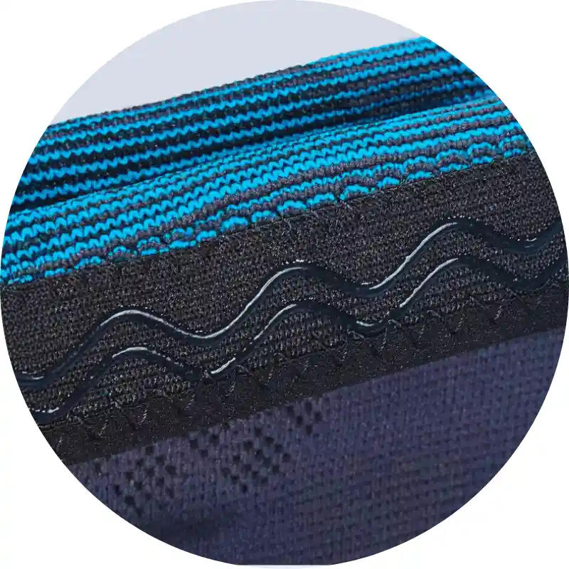 Close-up view of the wavy Anti-Slip Upper Cuff on the blue and black Knee Sleeve