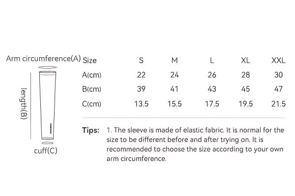 Arm sleeve size chart illustrating size and fit options with arm circumference measurements