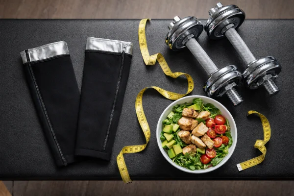 Arm compression sleeves with weights and healthy food showing support for weight loss