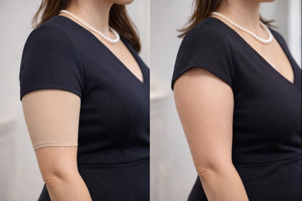 Arm shaper sleeves worn under a dress to smooth upper arms