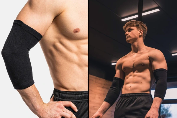 Compression arm sleeve covering the forearm and elbow for tennis elbow or golfer’s elbow comfort