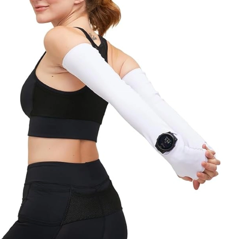 Arm sleeve with thumb hole featuring a special wrist opening for a smartwatch sensor
