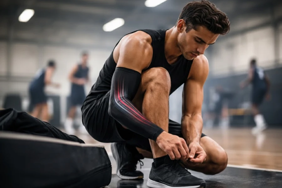 Athlete tying shoes and adjusting arm sleeve before game