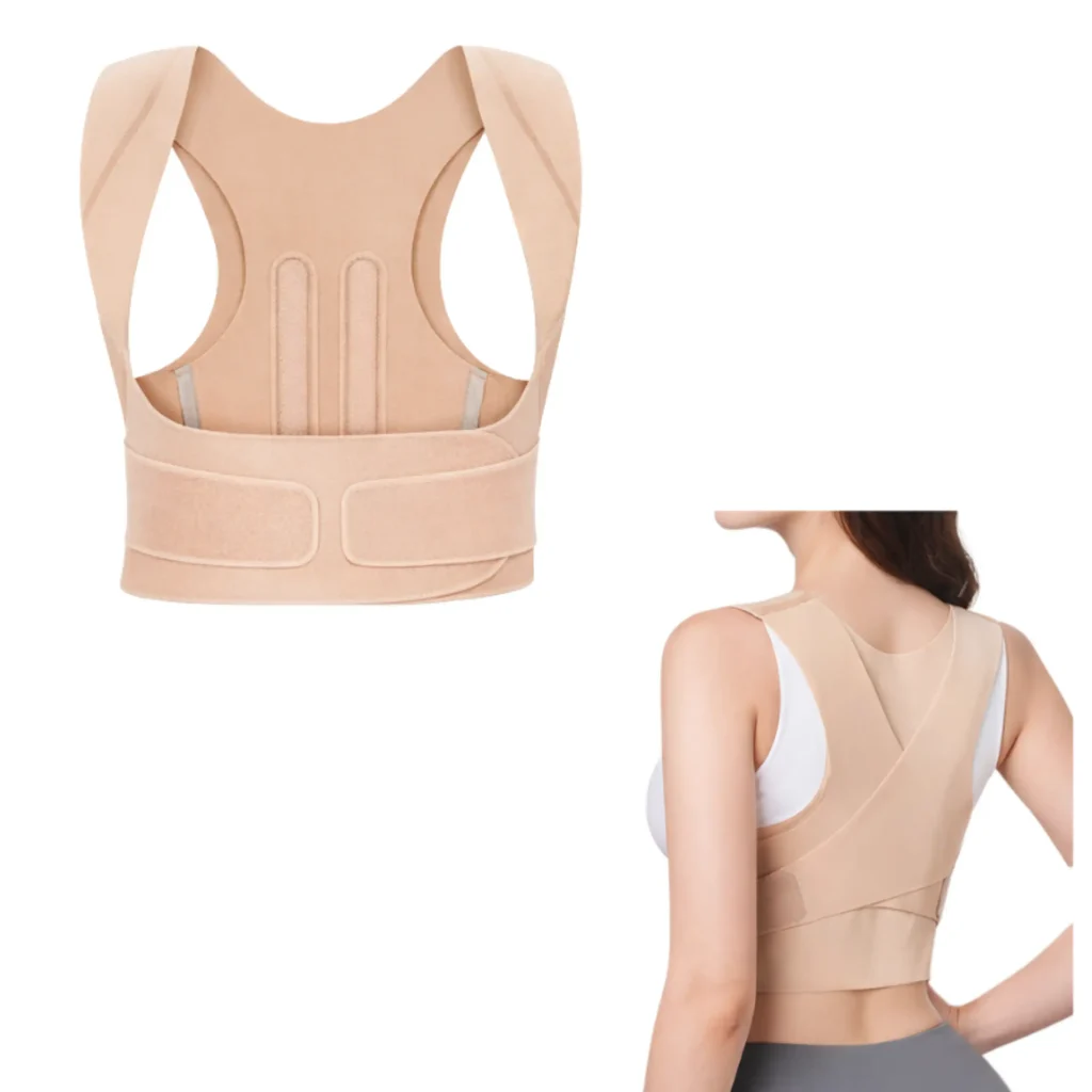 Back Straightener Posture Corrector, beige lightweight brace shown flat and worn from back