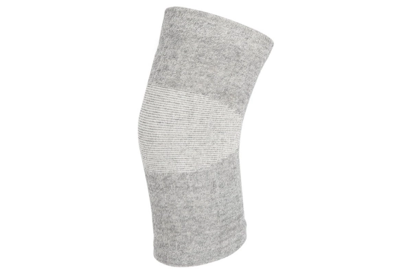 Knitted light gray bamboo knee sleeve with reinforced knee panel for joint support and comfort