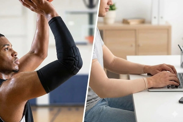 Basketball player shooting with a sleeve, split with an office worker typing with a sleeve