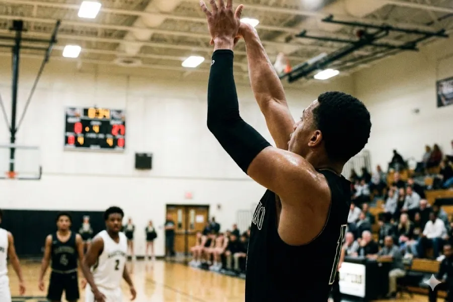 Basketball player with one arm sleeve on shooting arm