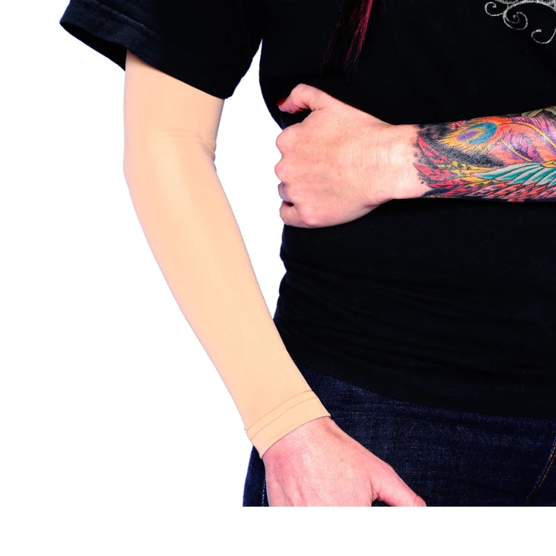 Beige tattoo cover arm sleeve, ideal as a discreet tattoo sleeve cover for work on the forearm