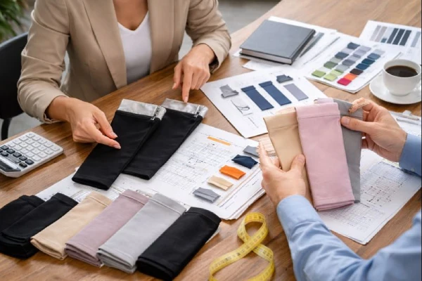 Brand and manufacturer reviewing arm compression sleeve samples and specifications
