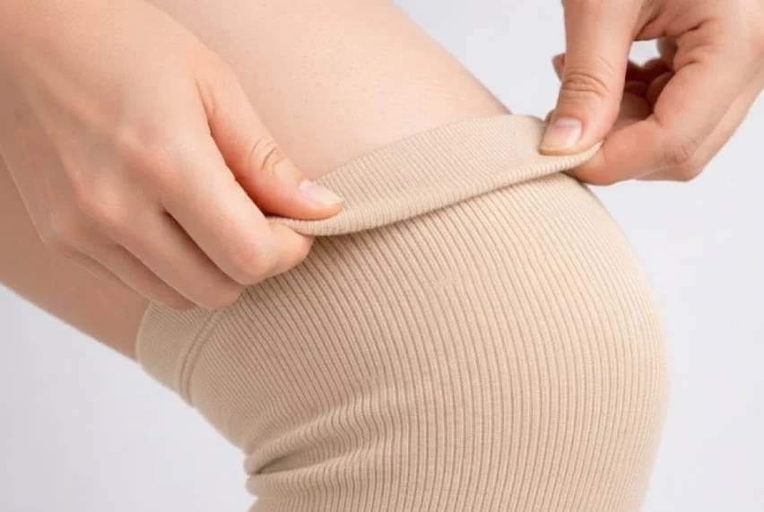 Checking knee compression sleeve tightness with two-finger test before sleeping