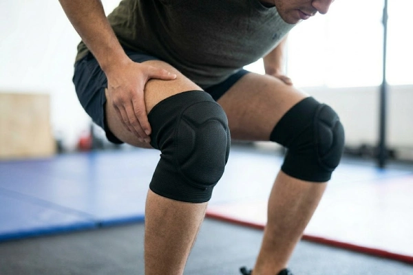 Checking secure fit of knee pad during a shallow squat in the gym