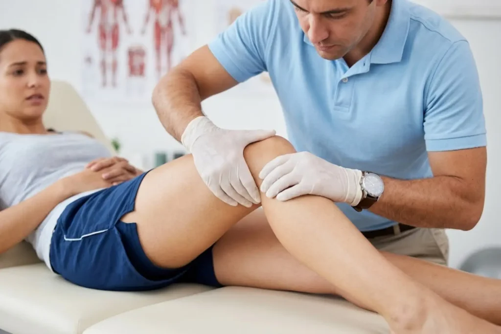 Clinician performing a knee instability assessment for ligament injury