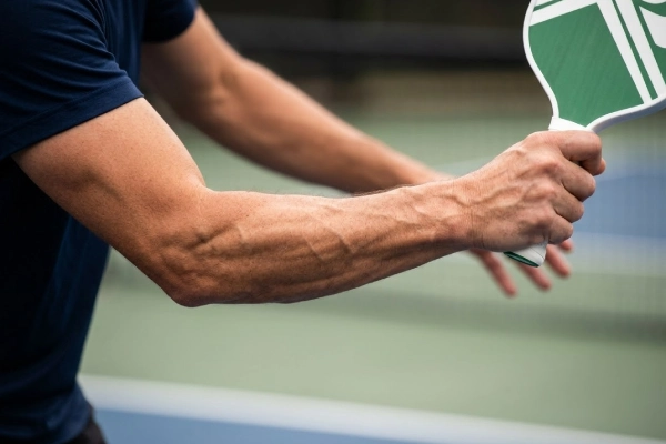 Close-up of a pickleball player's forearm muscles flexing under tension