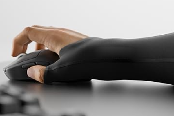Close-up of black gaming sleeve demonstrating spandex fabric elasticity