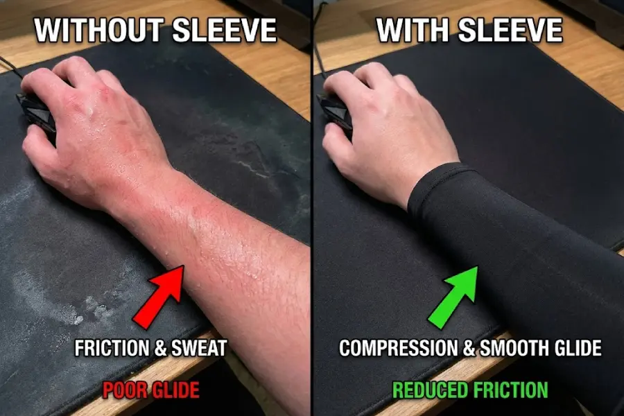 Close up of gaming arm sleeve showing smooth glide and light compression