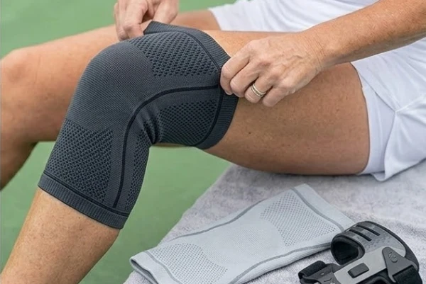 Close-up of player adjusting pickleball knee sleeve for proper fit and security