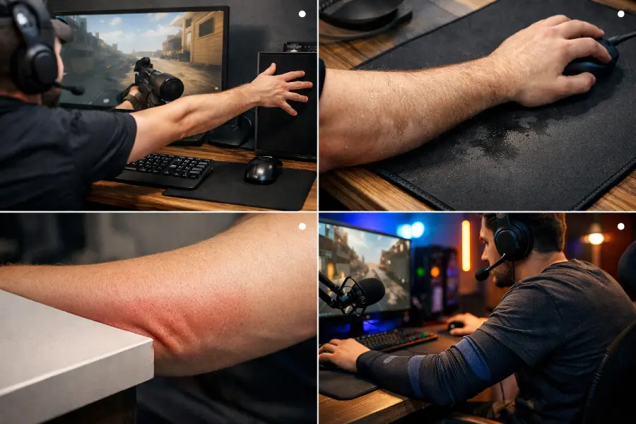 Collage showing different gamers who benefit from wearing arm sleeves