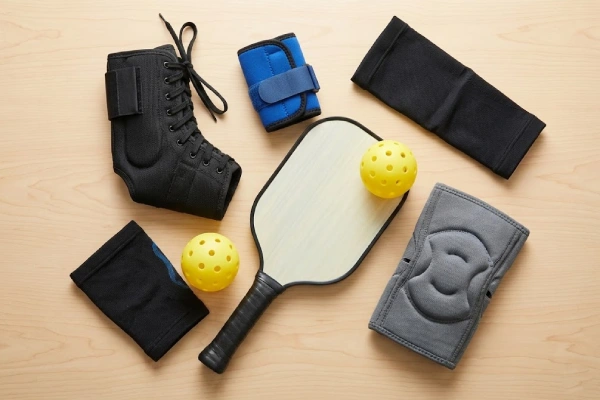 Collection of pickleball injury prevention gear including ankle, knee, wrist braces, paddle, and balls
