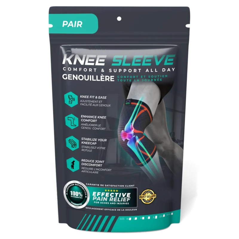 Color bag packaging showcasing knee sleeve presentation for custom sports supports