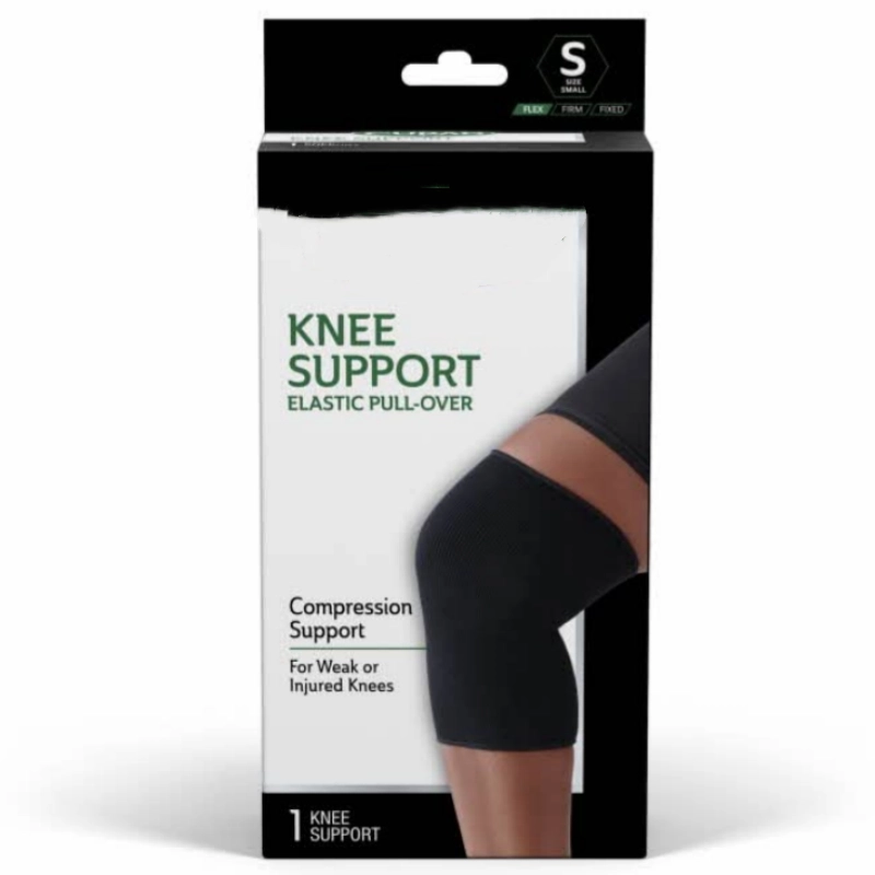 Color box packaging displaying knee support presentation for custom sports supports