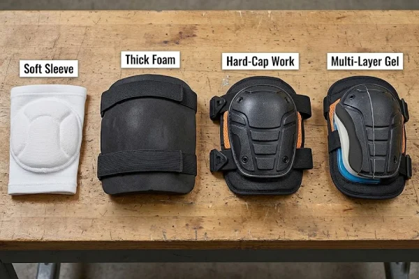 Comparison lineup of four different knee pad types from soft sleeves to hard-shell work models