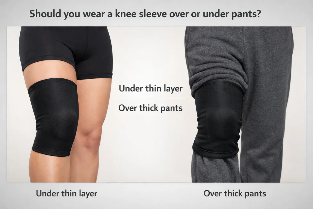 Comparison of a knee sleeve worn under a thin layer versus over thick pants, showing which option stays in place better