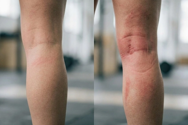 Comparison of acceptable light marks versus deep red indentations caused by an overly tight knee pad
