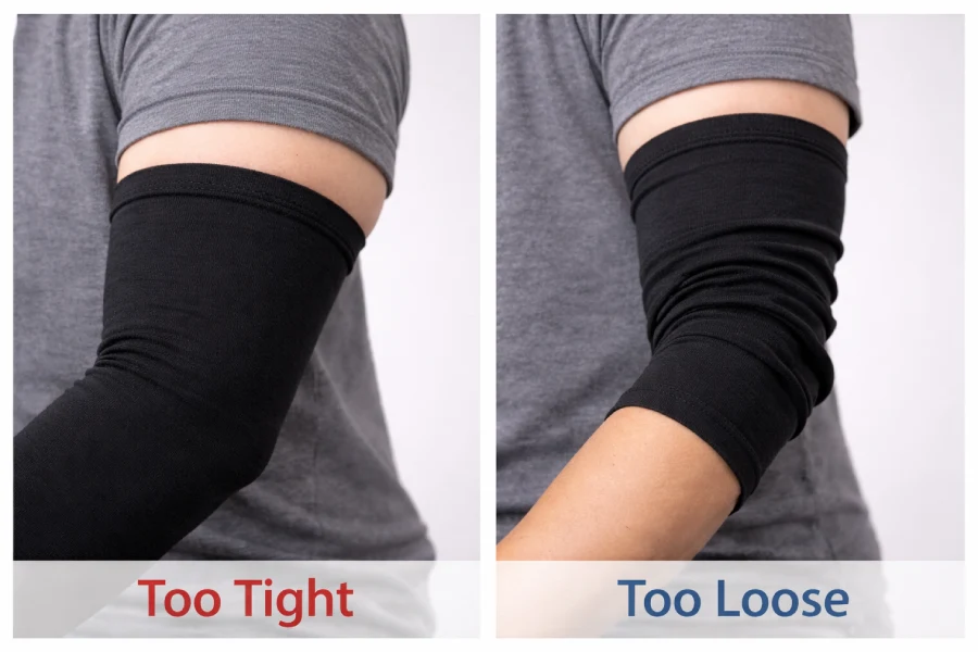 Comparison of arm sleeves that are too tight with red marks and too loose with wrinkles and slipping
