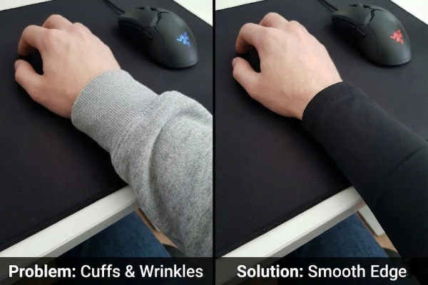 Comparison of thick shirt cuff drag versus a seamless gaming sleeve edge for glide