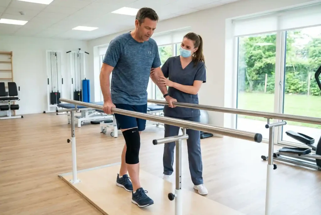 Compression knee support used during rehabilitation walking and light exercises