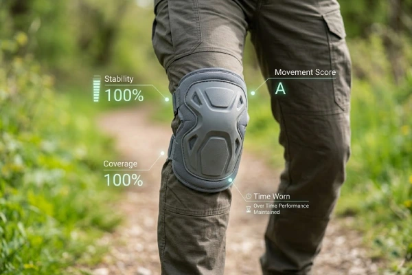 Concept image of a high-performance athletic knee pad showing optimized stability and coverage performance data