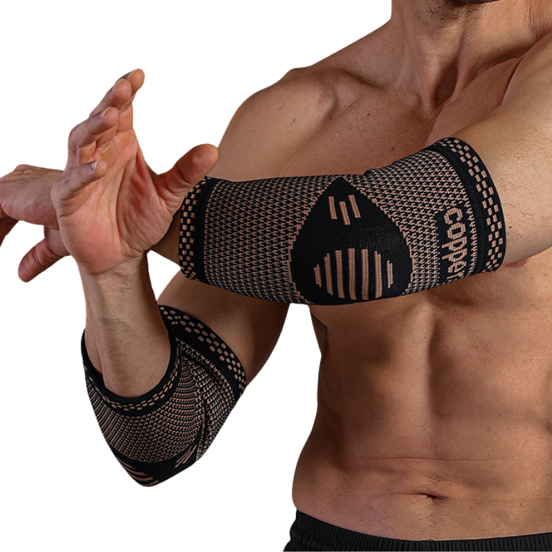 Copper-infused knit elbow support sleeve with targeted compression zones