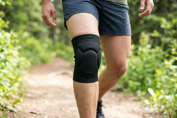 Correctly wearing knee pads for stable support while hiking outdoors