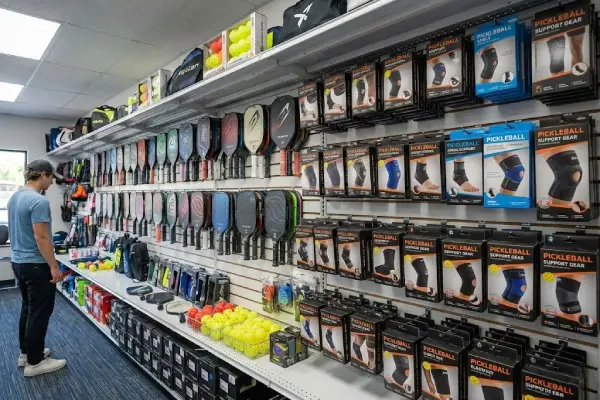Customer browsing a pickleball pro shop stocked with paddles and packaged support gear