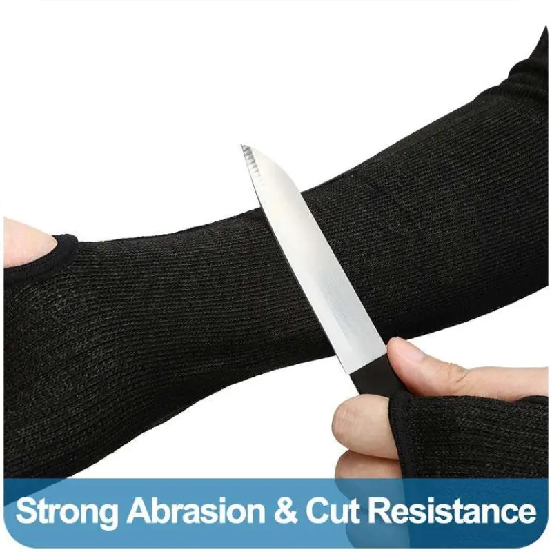 Cut resistant arm sleeves protecting against a knife, showing strong abrasion resistance