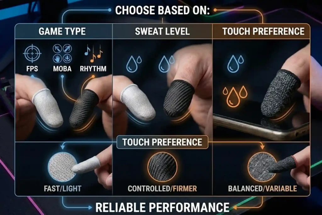 Decision matrix on gaming mat comparing finger sleeve choices based on game type, sweat level, and preference