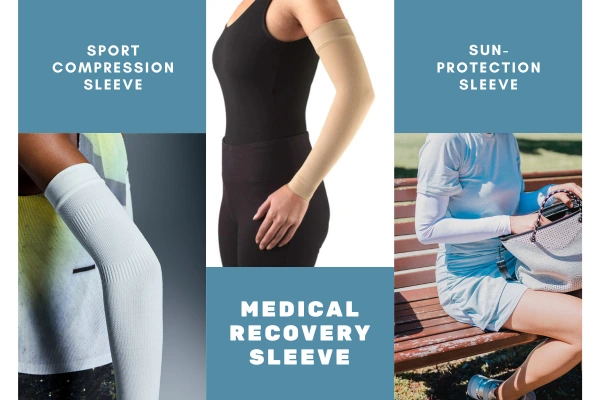 Different types of arm sleeves including compression, medical, and sun protection styles
