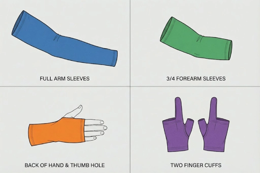 Different types of gaming arm sleeves and finger sleeves displayed on a desk