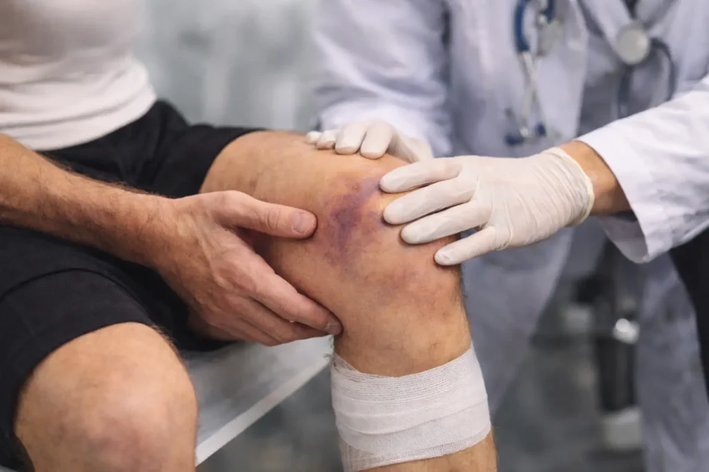 Doctor examining swollen knee injury during medical evaluation