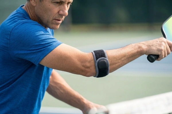 Dynamic follow-through of a pickleball player wearing an elbow strap